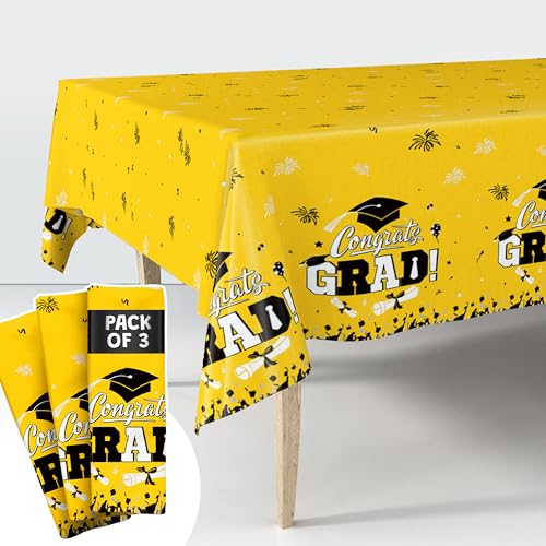 Image of KatchOn Graduation Tablecloth, Pack of 3, 54 x 108 Inches, Graduation Decorations 2026, Yellow Table Cloths, Gongrats Grad Tablecover, Graduation Party Decorations, Graduation Table Decorations 2026