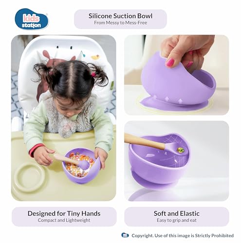 Image of Kids Station 8-Piece Silicone Baby Feeding Set | Suction Bowl, Plate, Bib, Cup, Spoon & Fork | 100% Food Grade BPA-Free Silicone | Non-Slip, Easy to Clean (Pack of 8, Purple)