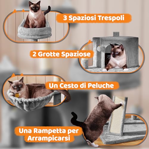 Yaheetech Albero per Gatti Alto 174 cm, Tiragraffi per Gatti Adulti con 7 Pali Graffiatoi, 3 Trespoli, 1 Cesto, 3 Pompon, 1 Scala e Design a Più Livelli, Grigio chiaro - Immagine 3
