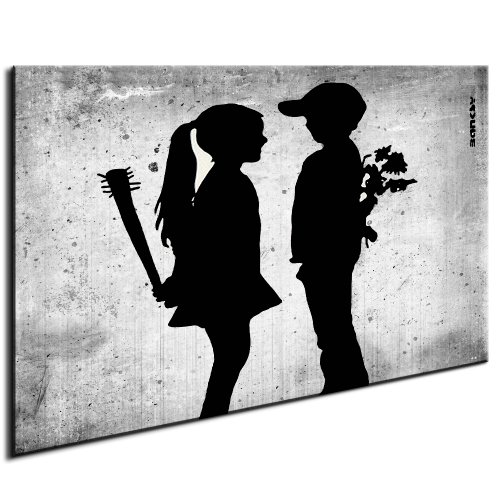 Toile sur châssis  Graffiti de Banksy Boy Meets Girl  Artfactory24/af0094, Bois, Schwarz-Weiß, 70x50 cm