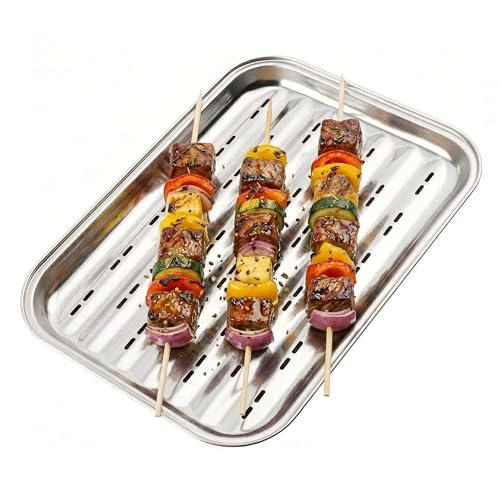 GEEZY Stainless Steel BBQ Grill Tray 34x24cm - Rectangular Metal Basket with Holes for Perfect Heat Distribution - BBQ Grill Pan for Meat & Vegetables Outdoor Cooking Accessories & Gifts for Men
