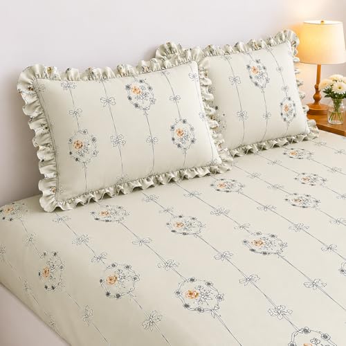 Image of 350 TC Premium Heavy Cotton Feel Elastic Fitted Bedsheet King Size with 2 Frill Pillow Covers King Size || Double Bed with All Around Elastic (Hanging Roses, King)