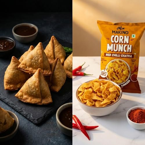 Image of Makino Corn Munch Red Chilli Chatka Spicy Snack, Pack of 3 (150g) Each - First Time in India, Sizzling Hot Flavour, Fiery Crunchy Chips, Best for Tea Time, Party & Anytime Munching