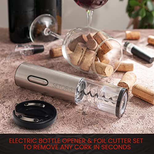 Premium Electric Wine Opener By Setoris- Automatic Electric Wine Bottle Corkscrew Opener With Foil Cutter Set- Rechargeable Cordless Stainless Steel Bottle Opener For Home, Bars & Professional Use #TOP1