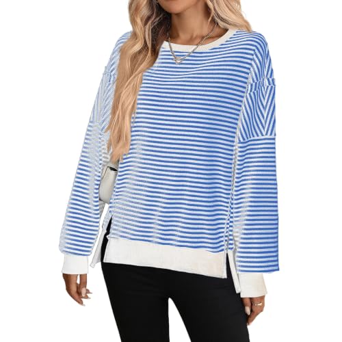 Oversized Striped Shirt Women Waffle Knit Crewneck Long Sleeve Sweatshirt - image 2