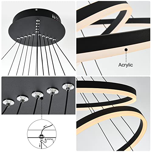 5-Rings D31.5’’ Modern Led Chandelier Black Luxury Contemporary For Living Room, Dimmable Flush Mount High Ceiling Pendant Light Fixture With Remote Control For Staircase Dining Room(3000K-6500K) #TOP4