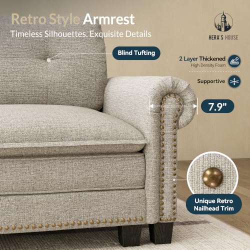 Image of HERA'S HOUSE 150 inch Oversized L Shaped Modular Sectional Couch Living Room | Mid-Century Modern 5-Seater Cloud Sofa, Light Gray, Rolled Arms & Nailhead Trim, Wider & Deeper Seats, Ottoman, Linen