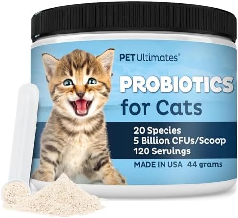 Pet Ultimates Probiotics for Cats – 20-Species Cat Probiotic Powder to Treat Diarrhea, Vomiting, Digestive Support & Cat Antibiotics Recovery – Cat Health Supplies (44 gr)