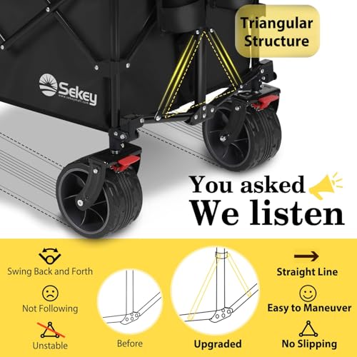 Sekey 48''L Collapsible Foldable Extended Wagon With 440Lbs Weight Capacity, Heavy Duty 300L Folding Utility Garden Cart With Big All-Terrain Beach Wheels & Drink Holders. Black thumb #2
