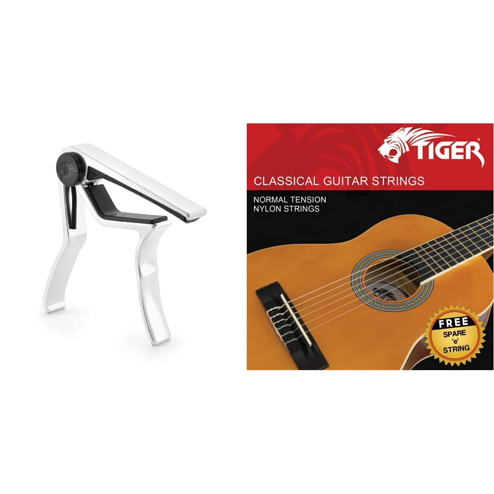 TIGER Capodastre universel en chrome de la marque, compatible avec guitares accoustiques, classiques, electriques et basses & Jeu de cordes pour guitare classique – Tension normale Cordes en nylon