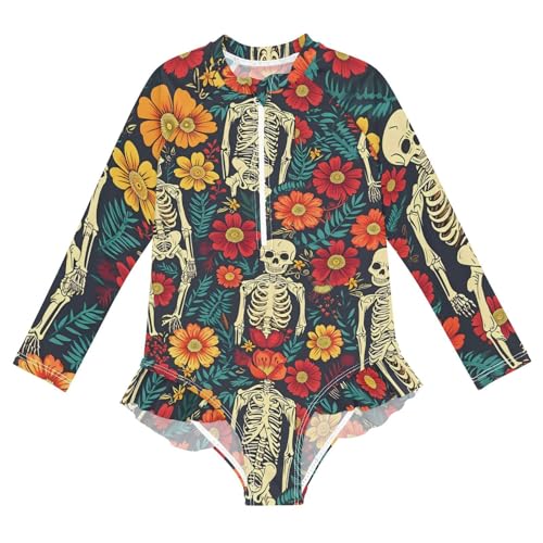 Girls One Piece Swimsuits Long Sleeve Swimsuit Zipper Bathing Suits Skull Skeleton Sugar Flower