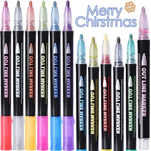 JASSINS 12 Colors Double Line Outline Pens, Self-Outline Metallic Markers Doodle Markers Glitter Paint Pens for Highlight for Drawing/Greeting Cards/Posters/Painting/DIY Art