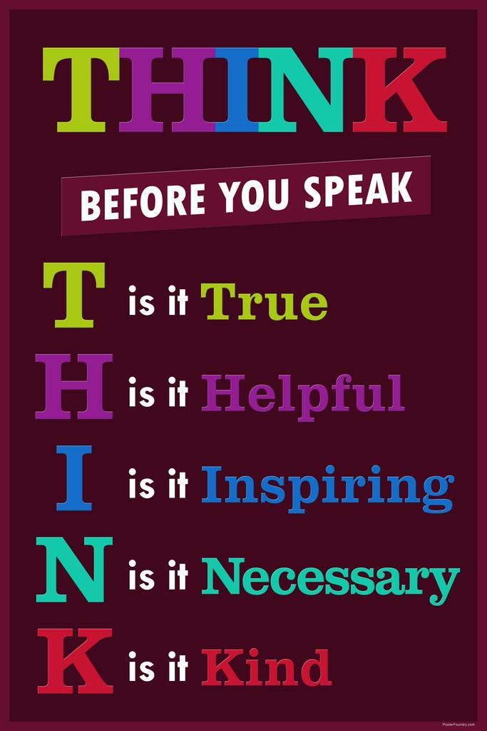 Laminated Classroom Poster School Educational Rules Purple Think Before You Speak Class Teacher Supplies Kindness Motivational Inspirational Elementary Decor Poster Dry Erase Wall Art 16x24