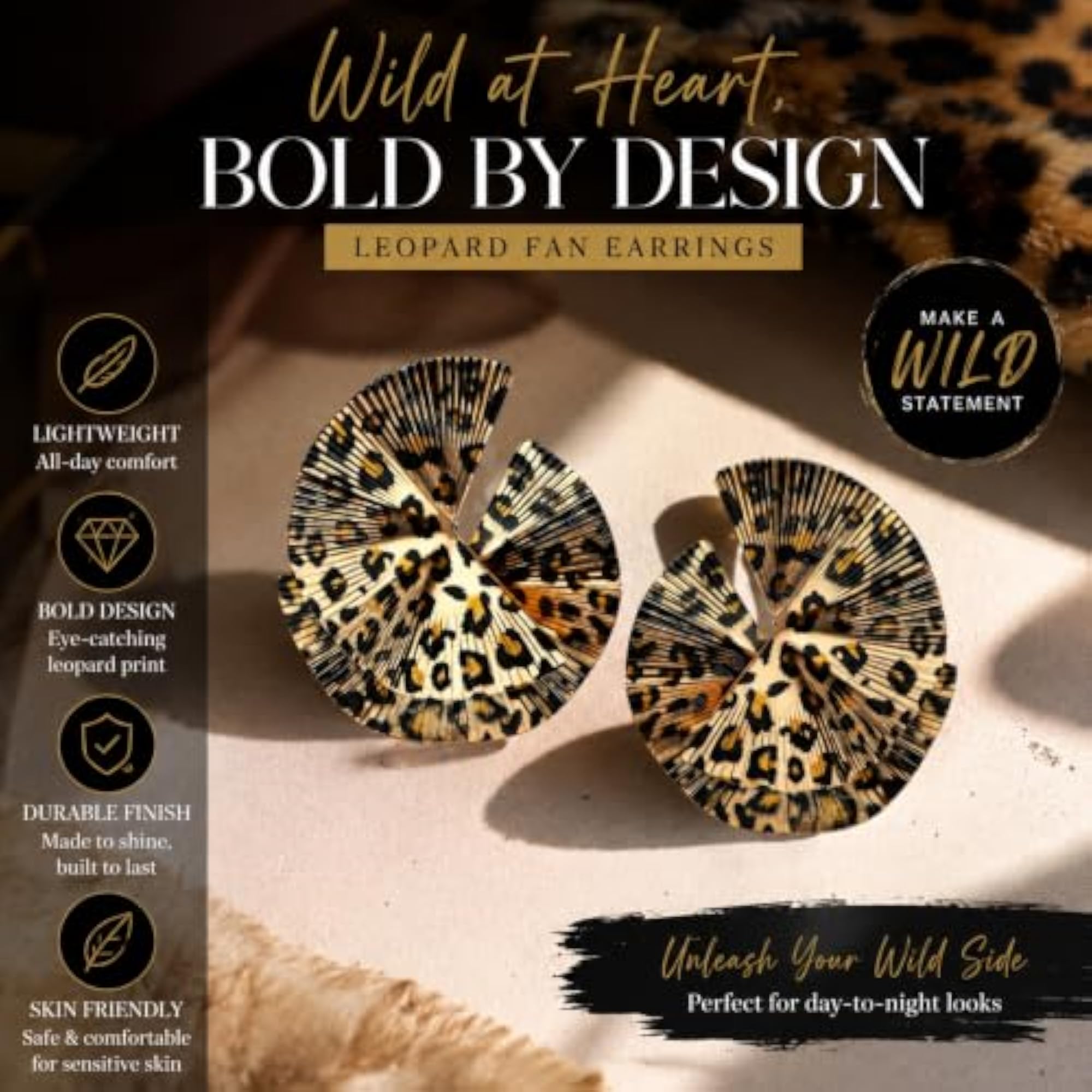 Women's Statement Leopard Print Pleated Fan Earrings