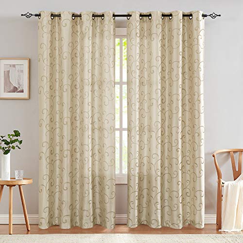 Jinchan Curtains Light Gold 84 Inches Living Room Drapes Faux Silk Dupioni Swirl Embroidery Grommet Top Window Treatment Set Embroidered Drapery Bedroom Curtain Set 2 Panels #TOP1