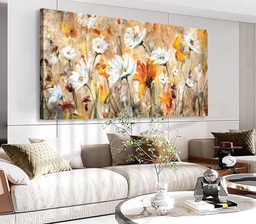 Image of VEAEE Flowers Wall Art for Living Room Abstract Floral Canvas Pictures Modern Daisy Canvas Painting Artwork Prints Bedroom Kitchen Office Home Wall Decor Framed Ready To Hang 20 inchx 40 inch
