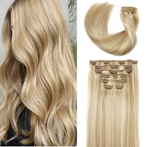 Clip in Hair Extensions No Tangling No Shedding 100% Remy Hair Honey Brown Mix with Bleach Blonde hair Double Weft 22" 70 Gram (12p613 22inch 7pcs)