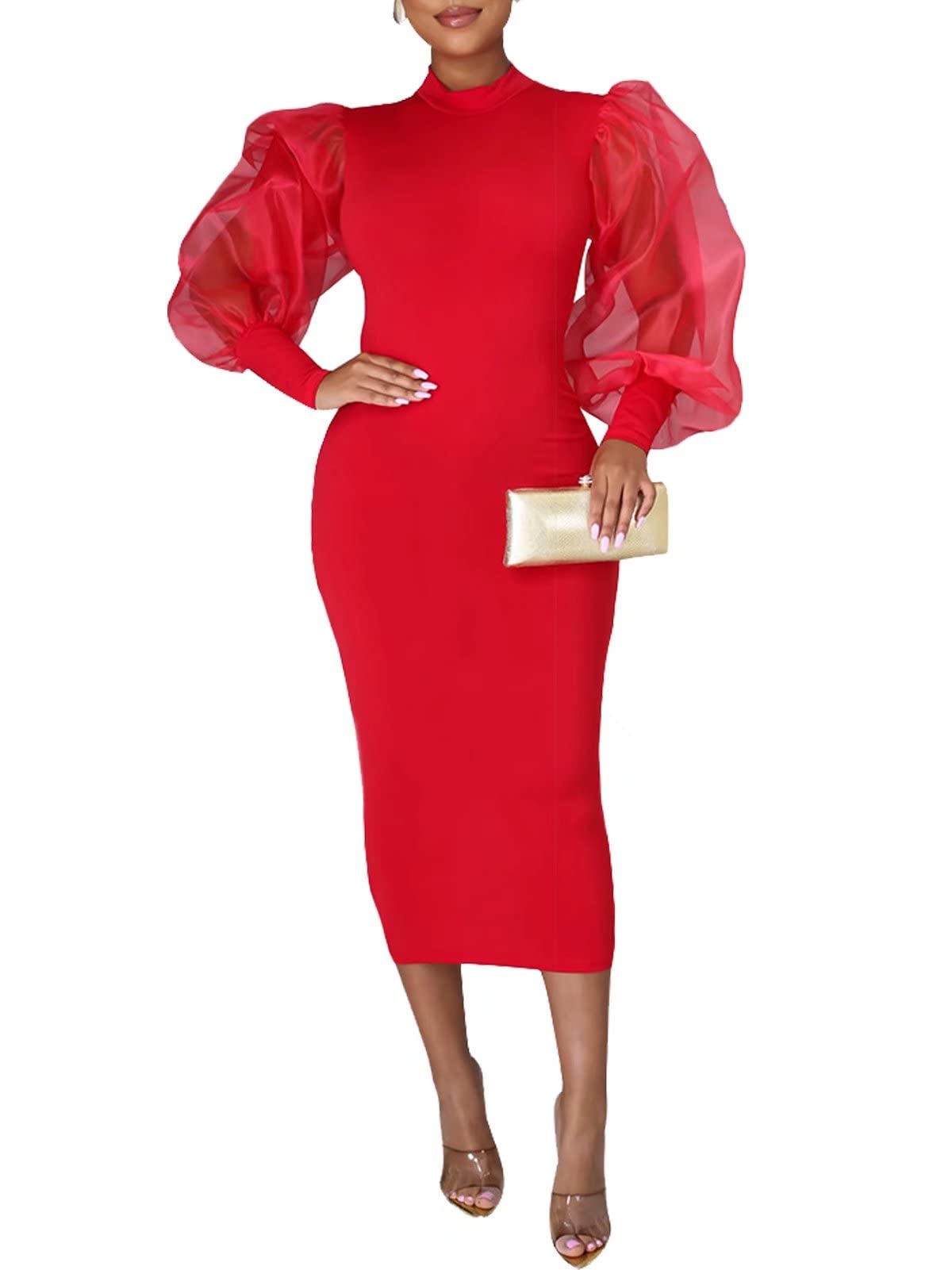 Ekaliy Women's Red See Through Bodycon Dress Sheer Mesh Long Puff Lantern Sleeve Dress Sexy Club Party Midi Dress Clubwear, M