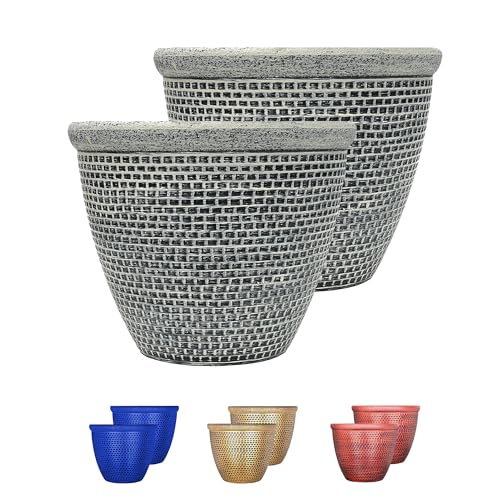SG Traders Plastic Round Cromarty Plant Pot Flower Pot Planter Garden Decoration Antique Silver 25cm Planter Outdoor Flower Pots Outside Garden Planters Outdoor With Drainage Holes (Pack of 2)