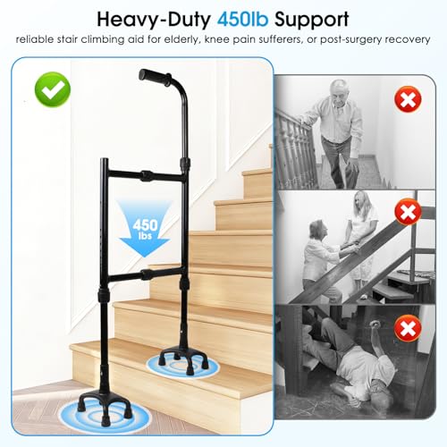 AMOVO Stair Assist Cane for Elderly - Adjustable Height & Width Stair Climbing Aid Devices & Stand Assist, 450lbs Support, Lightweight Portable Stair Helper Fits Indoor Outdoor (Stain Black) - Thumbnail 4