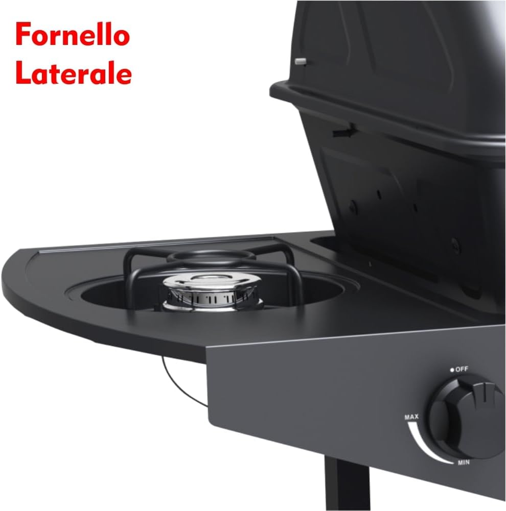 Barbecue a Gas con Pietra Lavica BBQ a Gas 2 Bruciatori + Fornello Laterale Struttura in Acciaio con Piano Laterale D’appoggio e 3 Appendini Pratiko Life Barbecue a Gas con Pietra Lavica BBQ a Gas 2 Bruciatori + Fornello Laterale Struttura in Acciaio con Piano Laterale D’appoggio e 3 Appendini Pratiko Life