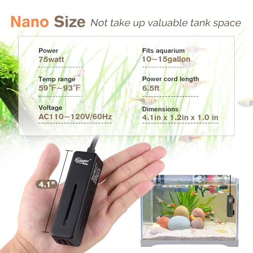 Image of hygger Mini Fish Tank Submersible Heater for 1~15 Gallons Desktop Betta Aquarium Heater with Digital Display Controller Adjustable Temperature, 20W /50W /75Watt (75W)