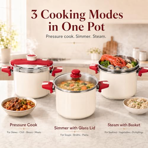 MICHELANGELO Stovetop Pressure Cooker Stainless Steel, 6.3 qt, 304 Stainless Steel, 6-Fold Safety System, One-Hand Easy-Open Lid, 2 Pressure Settings, Steamer Basket & Glass Lid, Induction Compatible by MICHELANGELO - Used condition - Image 2