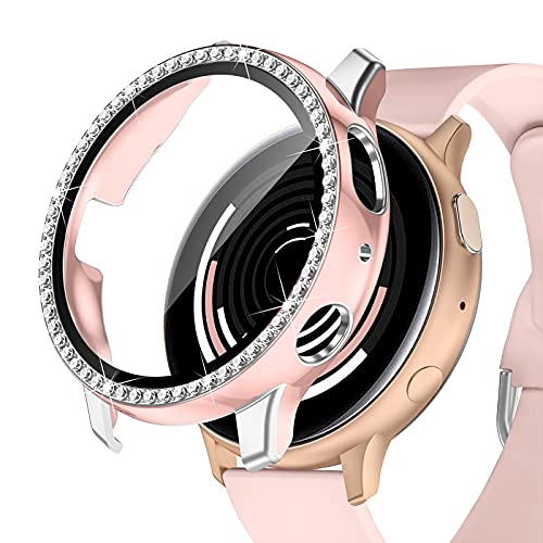 GEAK Compatible with Samsung Galaxy Active 2 Watch Cover Case 40mm,Active 2 Watch Screen Protector Overall Guard Diamonds with Silver Edge Design for Samsung Active 2 Watch Women 40mm Sand Pink Silver