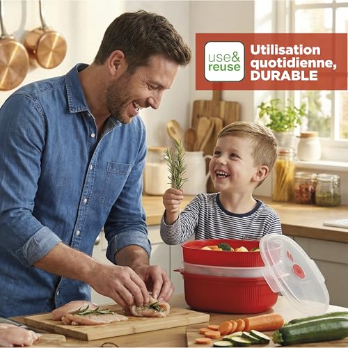 Snips - Cuiseur Vapeur Micro Onde Roux 4L avec 2 Plateaux pour Cuit Vapeur, Boîtes Alimentaires Micro Ondes avec Couvercle - Récipient Alimentaire pour Cuisson Rapide, 26.5x22x13.5 cm, Made in Italy – vue 7