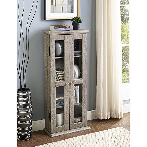 Walker Edison 4 Tier Shelf Living Room Storage Tall Bookshelf Cabinet Doors Home Office Tower Media Organizer, 41 Inch, Grey #TOP1