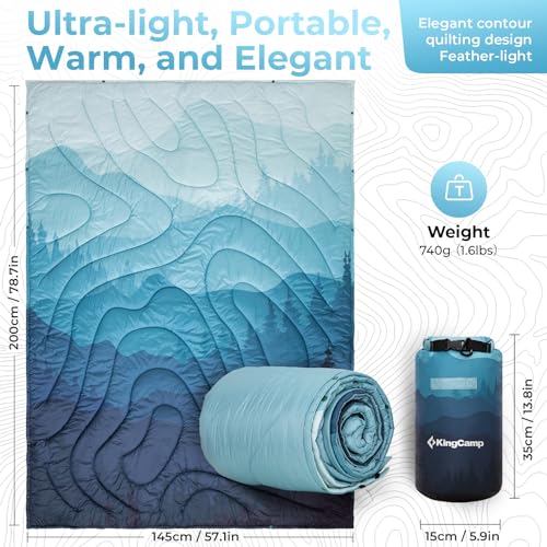 KingCamp Ultralight Camping Blanket, Packable Down Alternative Puffy Printed Wearable Blanket with Snap Buttons & Corner Loops Weatherproof Quilt for Outdoor Travel Stadium (78.7"L x 57.1”W, CYAN) - Image 3