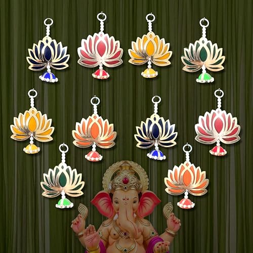 Image of Rajasthan Kraft Pack of 10 Handmade Multicolor MDF Lotus Door Hanging with Woolen Topi & Beads Traditional Entrance & Wall Decor for Makar Sankranti, Lohri, Weddings & Housewarming 6 Inch(RK-H-211-10)