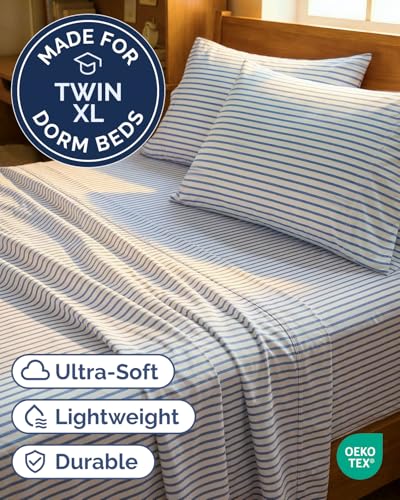 Image of Twin XL 4 Piece Sheet Set - College Dorm Room Essentials - Blue Stripes | Ultra Soft Dorm Bedding Set, 8 inch to 16 inch Inch Deep Pockets, 1 Flat & 1 Fitted Sheet & 2 Pillowcases, Wrinkle & Fade Free