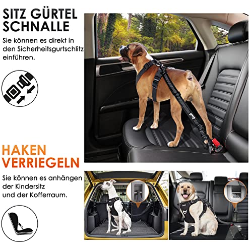 Eyein Hunde Sicherheitsgurt für Auto, Verstellbare Hundegurt fürs Auto mit Elastischer Ruckdämpfung, 3 in 1 reflektierend Hunde Anschnallgurt für alle Hunderassen & Autotypen, 90cm (Schwarz)