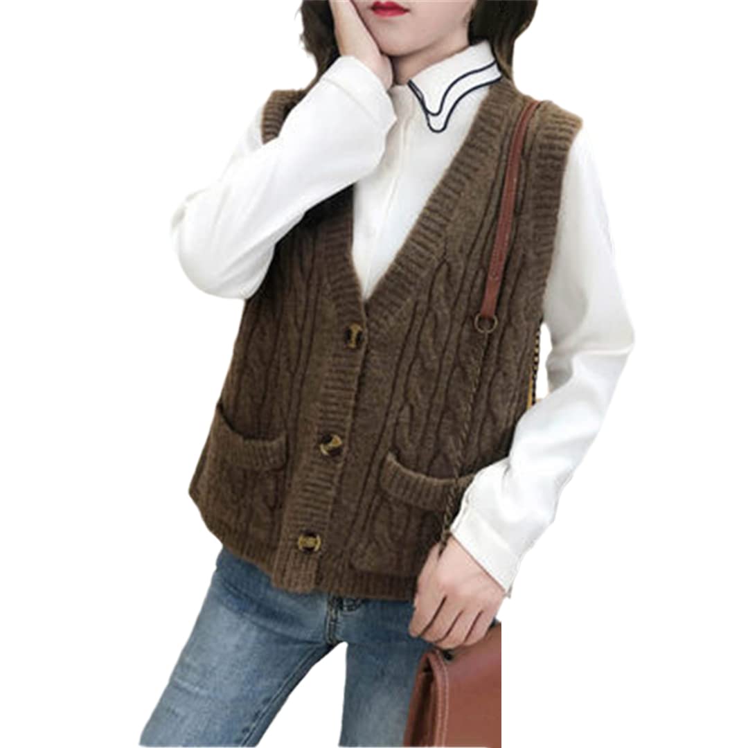 Ownwfeat Women's Coffee Vest Sweater V-Neck Cardigan Woolen Knitted Sleeveless Vest