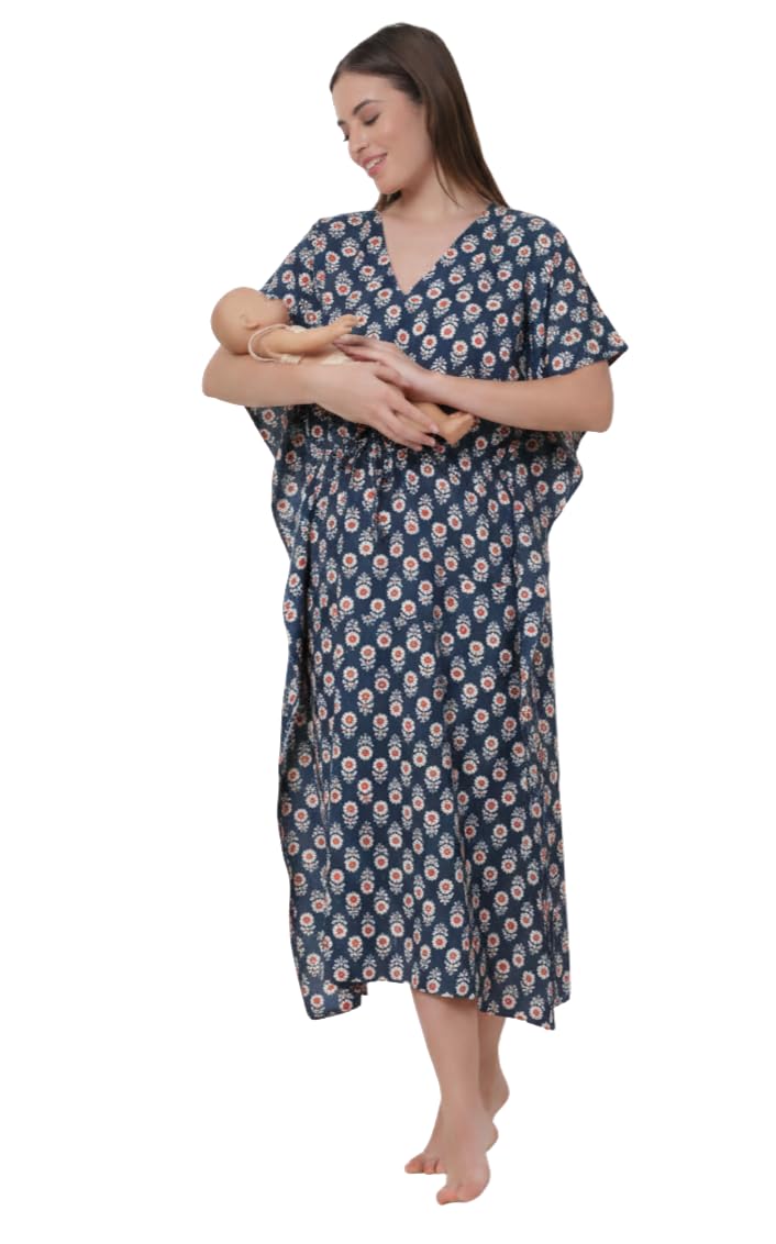 Women's- Kaftan | Maxi | Maternity | Feeding | Delivery Gown- Cotton Fabric- V Neck | Floral Print | 2 Pockets | Midi