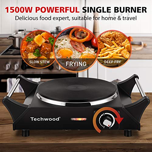Techwood Hot Plate Portable Electric Stove 1500W Countertop Single Burner with Adjustable Temperature & Stay Cool Handles, 7.5” Cooktop for Dorm Office/Home/Camp, Compatible for All Cookwares - Image 3