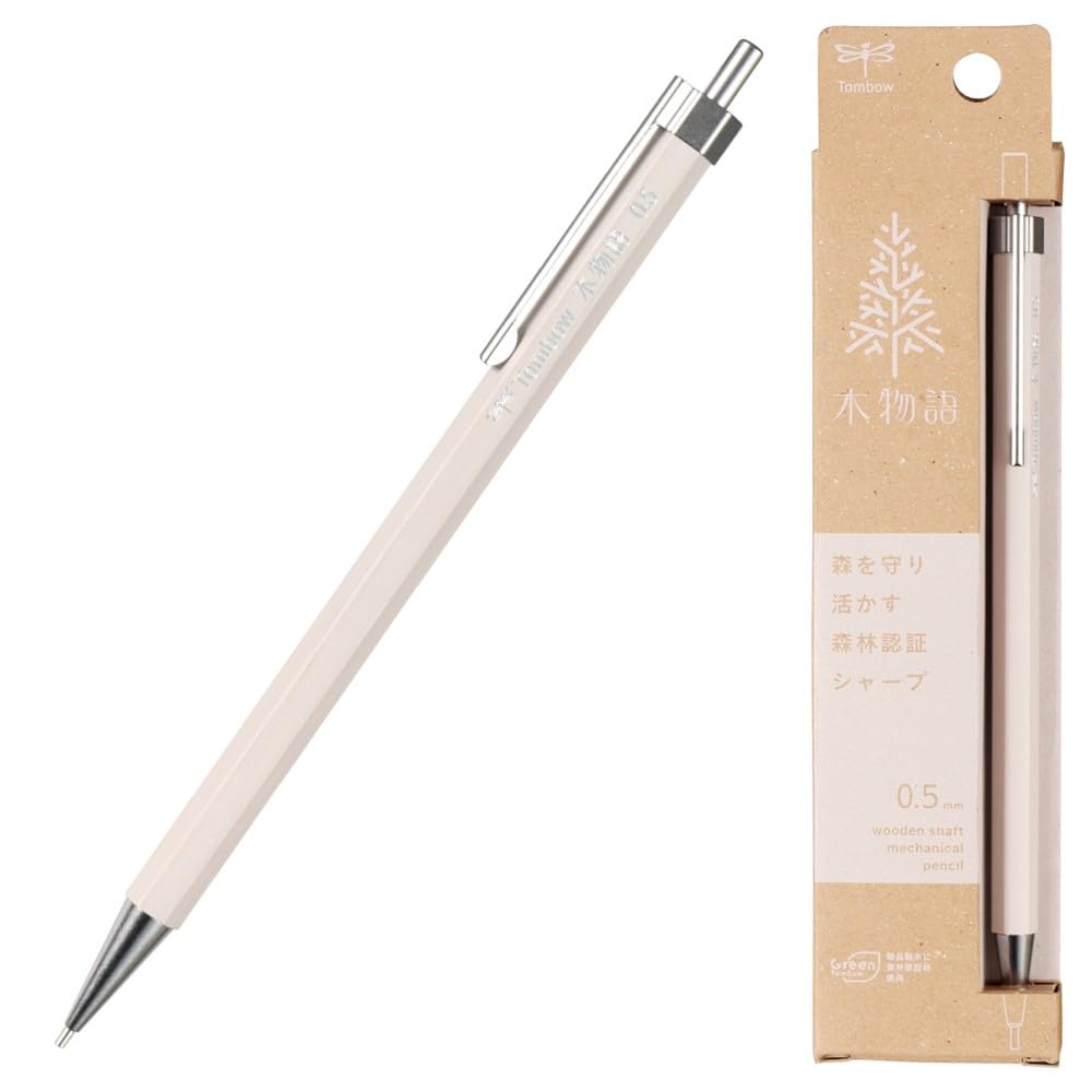 Tombow KIMONOGATARI Mechanical Pencil 0.5mm, Natural Wood Barrel, DHA-151 Japanese Eco-Friendly Pencil (White)