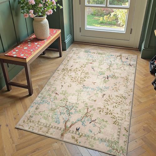 jinchan 3x5 Washable Entryway Area Rug, Soft Botanical Birds, Beige Pink
