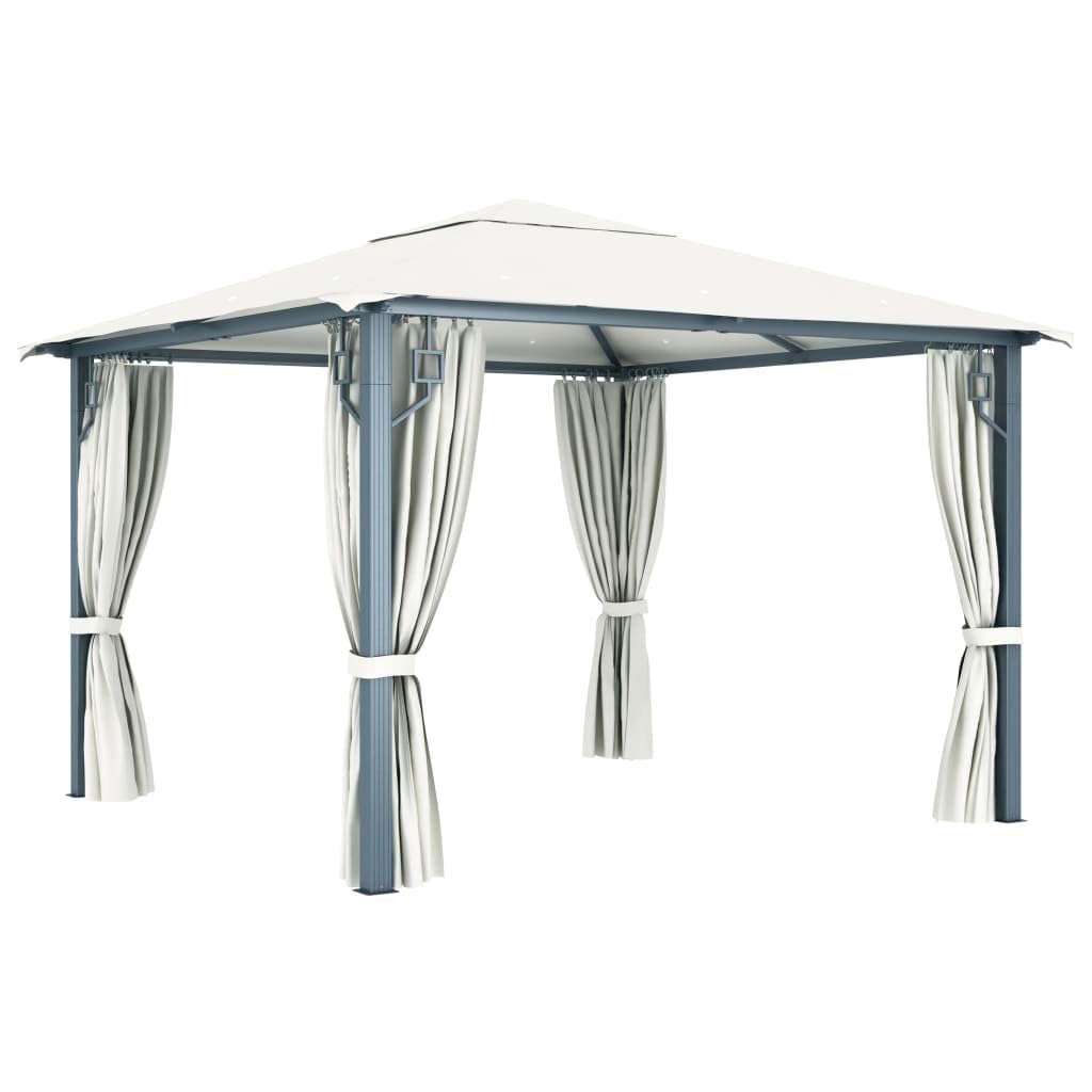 Pavillon 300x300 cm inklusive Seitenteilen und Solar-Lichterkette, robuster Gartenpavillon mit Stahl-Aluminium-Rahmen, Gartenlaube mit Vorhängen, Creme