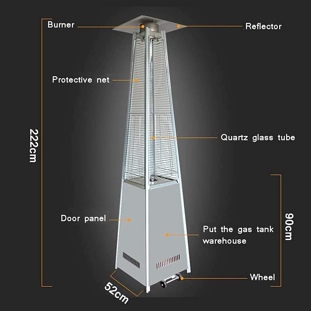 Riscaldatore Da Esterno A Propano A Piramide Da 48000 BTU Con Luci A Led Tubo Di Vetro Fiamma, Ruote, Accensione Rapida A Impulsi, Stufa Da Esterno Con Spegnimento Automatico Per Patio