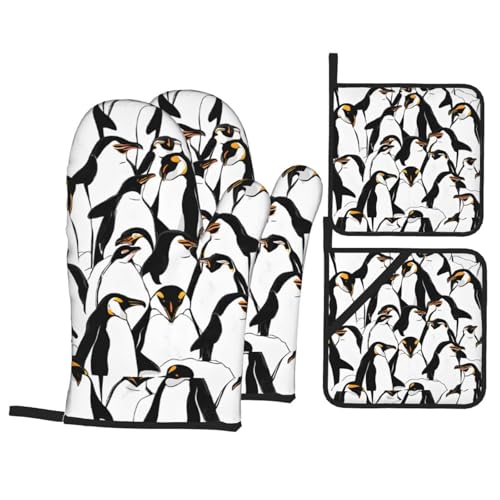 BNCPWDYL Cute Baby Penguins Sketch Kitchen Oven Gloves and Hotpads Sets of 4, Heat Resistant Oven Mitts and Pot Holders for Baking/Cooking/BBQ