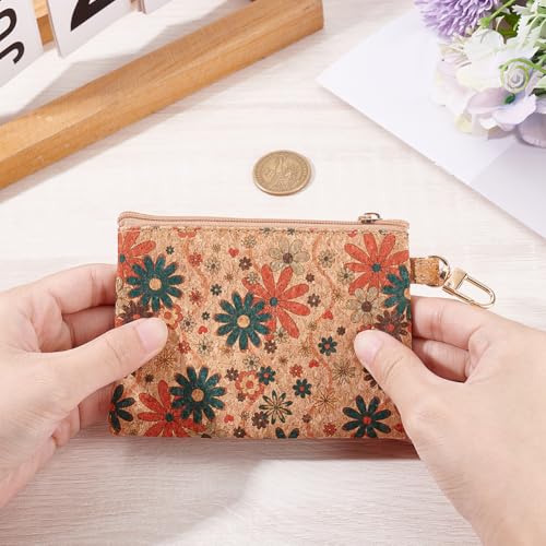 Image of GORGECRAFT Cork Coin Purse Portable Clutch Purse Vintage Daisy Floral Pattern Credit Card Holder with Zipper Coin Pocket Vegan Bag for Travel Cosmetic Make up Brushes Lipstick 3.4 x 4.7 inch