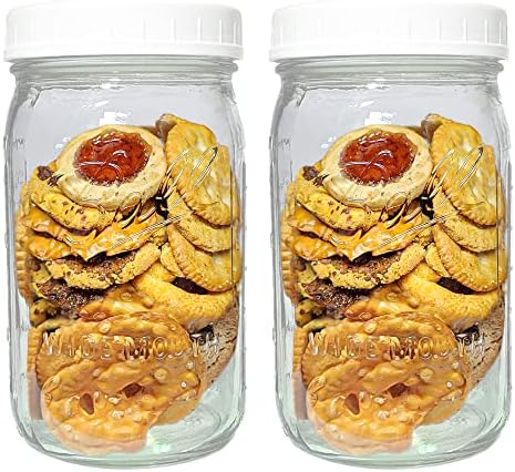 Wide Mouth Mason Jars 32 oz - (2 Pack) - Ball Wide Mouth 32-Ounces Quart Mason Jars with White M.E.M Food Storage Plastic Lids, Caps Fit Ball and Kerr Wide Mouth - For Storage, Freezing, Leak Proof, Microwave & Diswasher Safe