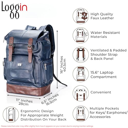 Image of LOGGIN 15.6 Inch Unisex Laptop Backpack for Men & Women | Premium Vegan Leather Water-Resistant Bag | Stylish Office, College & Travel Backpack with Anti Theft Design Multiple Pockets