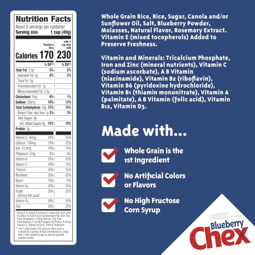 Image of Blueberry Chex Cereal, Gluten Free Breakfast Cereal, Made with Whole Grain, 12 oz