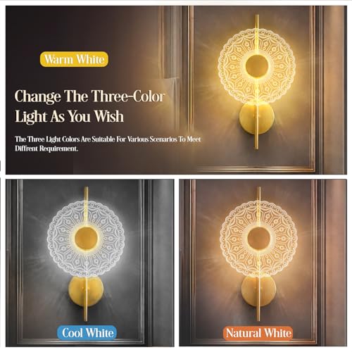 Image of Monolith Lumiround Wall Light | 3 Color LED Wall Sconce | Antique Gold Acrylic Decorative Wall Lamp | Modern Indoor Lighting for Bedroom, Living Room & Entryway, Staircase, Hallway | Pack of 1