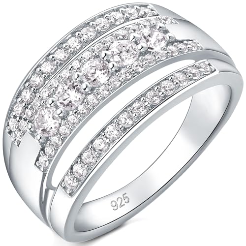 Newshe Jewellery 3-Row Wedding Bands for Women AAAAA Cz Wide Band Rings 925 Sterling Silver Eternity Statement Ring Size 5-10