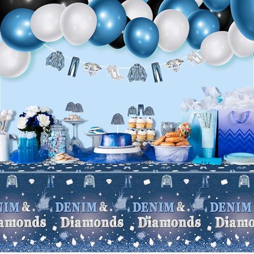 Image of K1tpde Denim & Diamonds Party Tablecloth - 3PCS Denim Themed Blue Jacket Jeans Plastic Tablecloth, Disposable Jeans Tablecover for Adult, Crystal Birthday Party Supplies for Bachelorette Wedding Decor