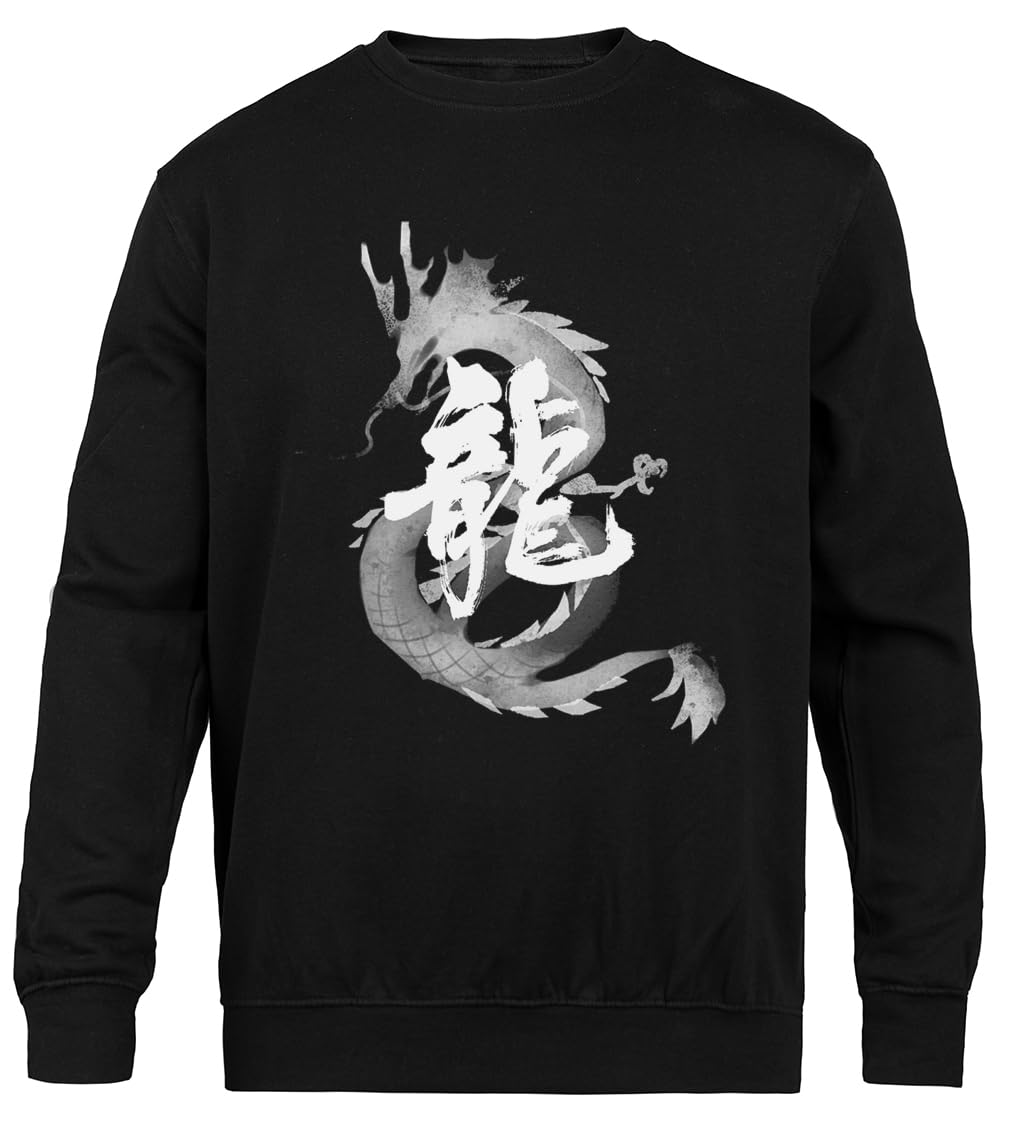 Pull dragon calligraphie chinoise sweat noir col rond mixte - 3